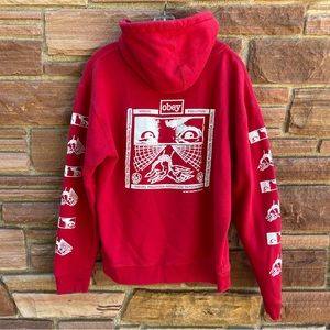 Vintage Obey Hoodie Mens Med Red Sweatshirt Visual Pollution Skate Logo Sweater